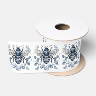 Blue and white Delft style bee design with flowers Satin Ribbon