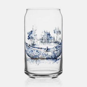 Blue and white Delft style boat with village scene Can Glass