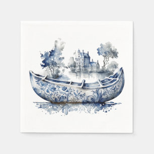 Blue and white Delft style boat with village scene Napkin