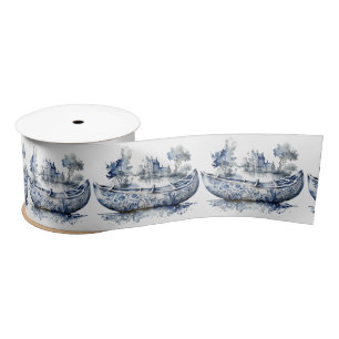 Blue and white Delft style boat with village scene Satin Ribbon