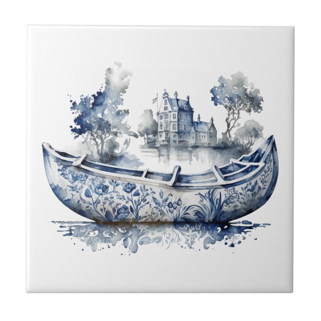 Blue and white Delft style boat with village scene Tile (Front)