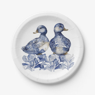 Blue and white Delft style cute ducks with flowers Paper Plate