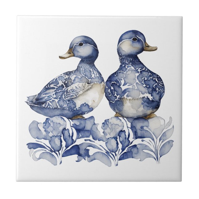Blue and white Delft style cute ducks with flowers Tile (Front)