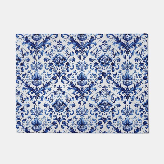 Blue and white Delft style floral ornament pattern Doormat (Front)