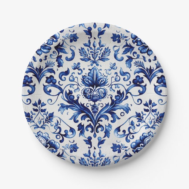 Blue and white Delft style floral ornament pattern Paper Plate (Front)