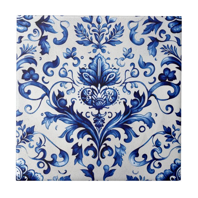 Blue and white Delft style floral ornament pattern Tile (Front)