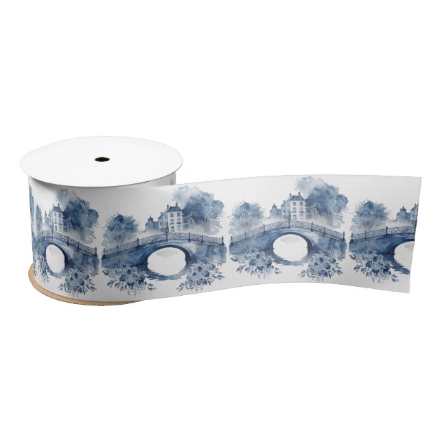Blue and white Delft style landscape Satin Ribbon (Spool)