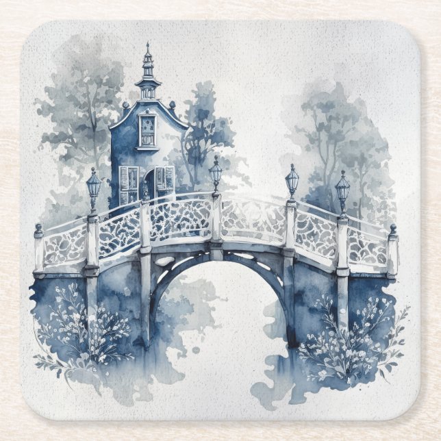 Blue and white Delft style landscape  Square Paper Coaster (Front)
