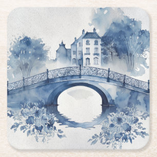 Blue and white Delft style landscape Square Paper Coaster