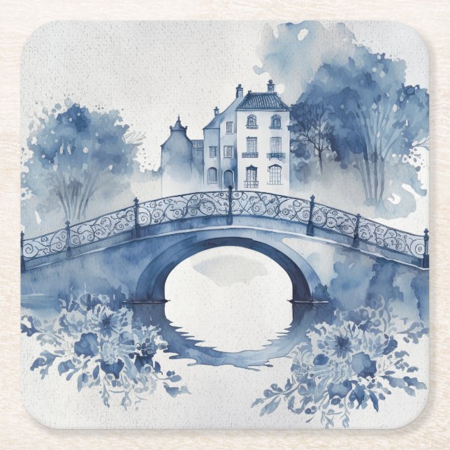 Blue and white Delft style landscape  Square Paper Coaster (Front)