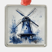 Blue and white Delft style landscape with windmill