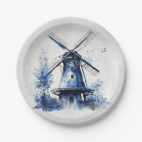 Blue and white Delft style landscape with windmill