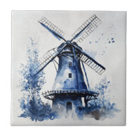 Blue and white Delft style landscape with windmill