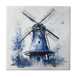 Blue and white Delft style landscape with windmill Tile