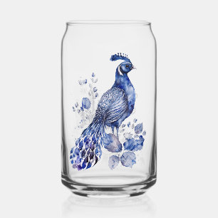 Blue and white Delft style peacock with flowers Can Glass