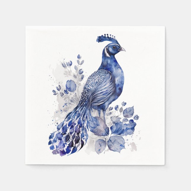 Blue and white Delft style peacock with flowers Napkin (Front)