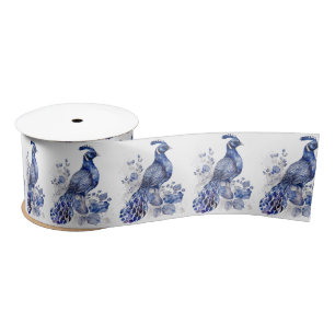 Blue and white Delft style peacock with flowers Satin Ribbon