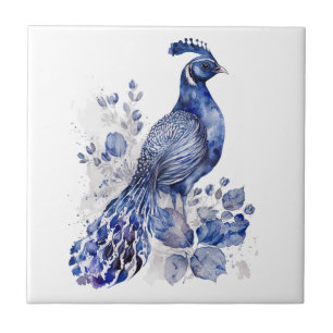 Blue and white Delft style peacock with flowers Tile