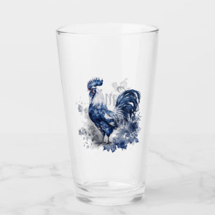 Blue and white Delft style rooster with flowers Glass
