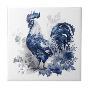 Blue and white Delft style rooster with flowers Tile