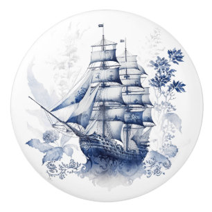 Blue and white Delft style sailing ship in the sea Ceramic Knob