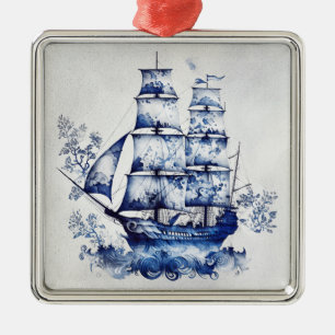 Blue and white Delft style sailing ship in the sea Metal Tree Decoration