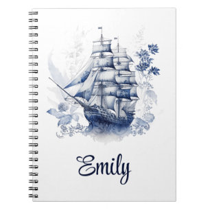 Blue and white Delft style sailing ship in the sea Notebook
