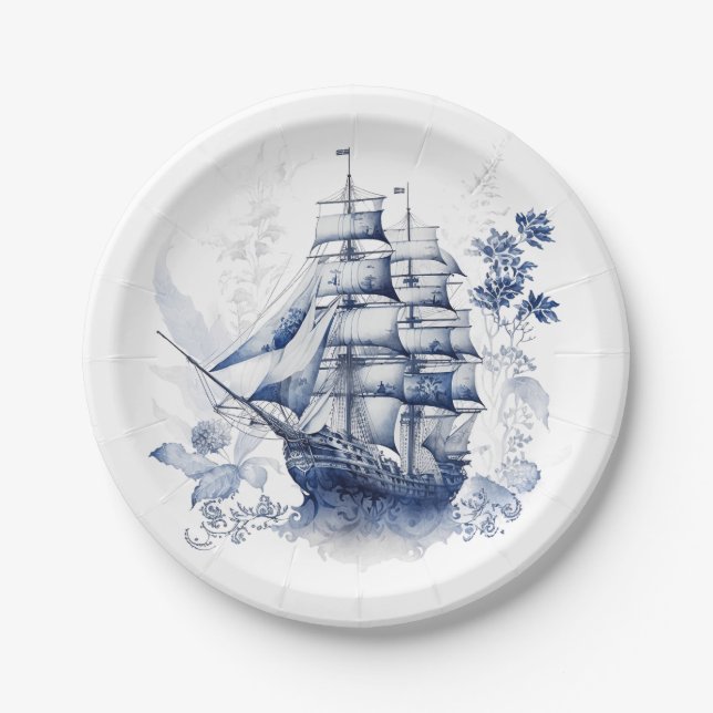 Blue and white Delft style sailing ship in the sea Paper Plate (Front)