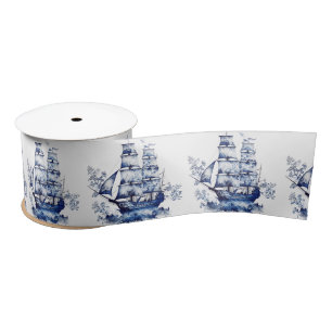 Blue and white Delft style sailing ship in the sea Satin Ribbon