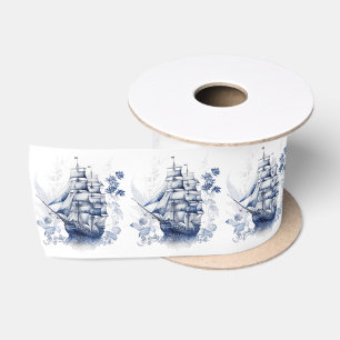 Blue and white Delft style sailing ship in the sea Satin Ribbon