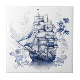 Blue and white Delft style sailing ship in the sea Tile