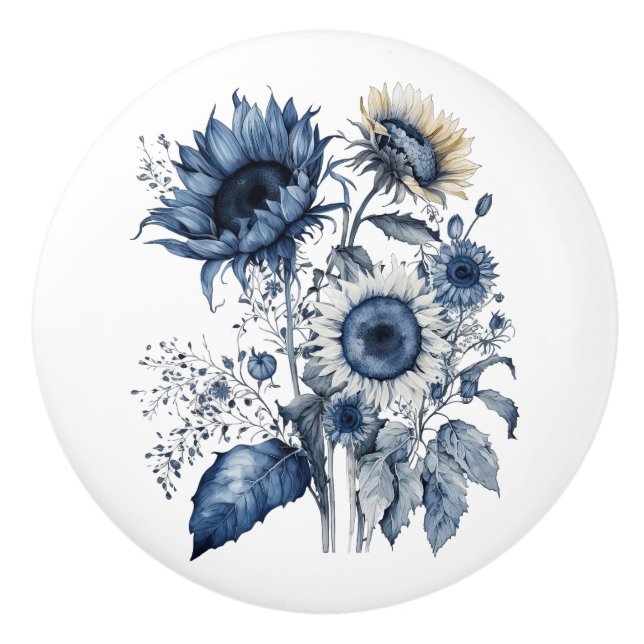 Blue and white Delft style sunflowers bouquet  Ceramic Knob (Front)