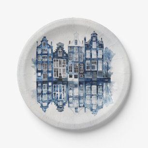 Blue and white Delft style traditional houses Paper Plate
