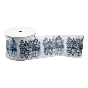 Blue and white Delft style traditional houses Satin Ribbon