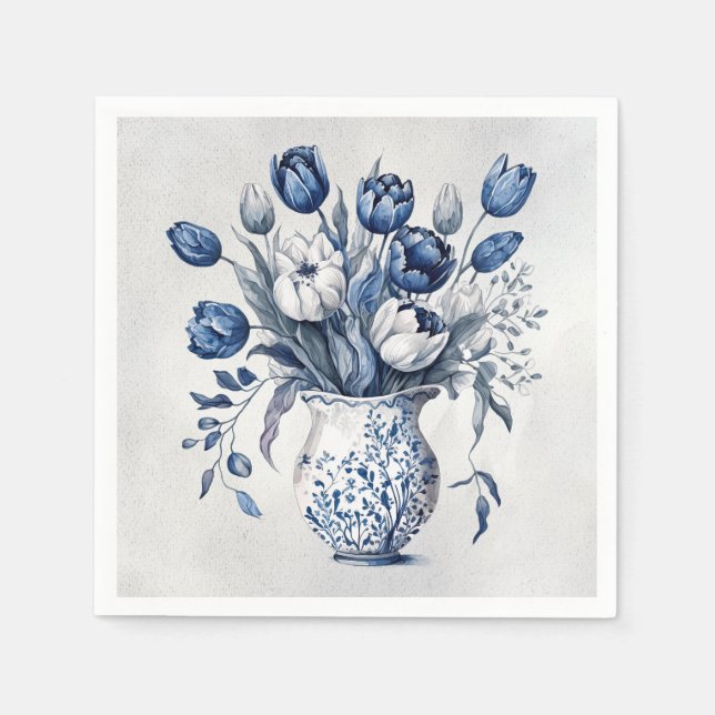 Blue and white Delft style tulip bouquet design Napkin (Front)