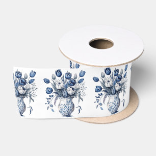 Blue and white Delft style tulip bouquet design Satin Ribbon