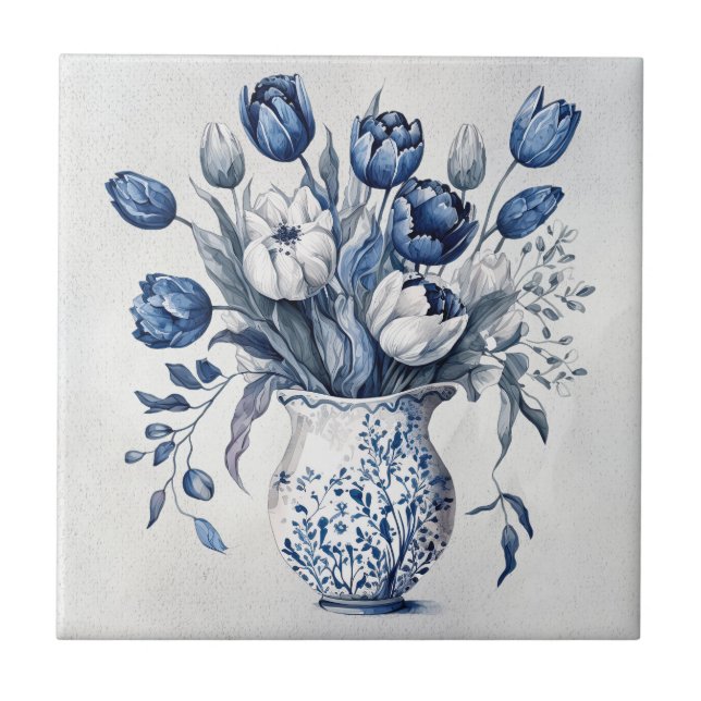 Blue and white Delft style tulip bouquet design Tile (Front)