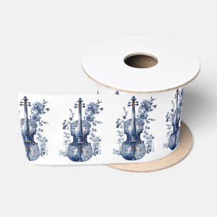 Blue and white Delft style violin with flowers Satin Ribbon
