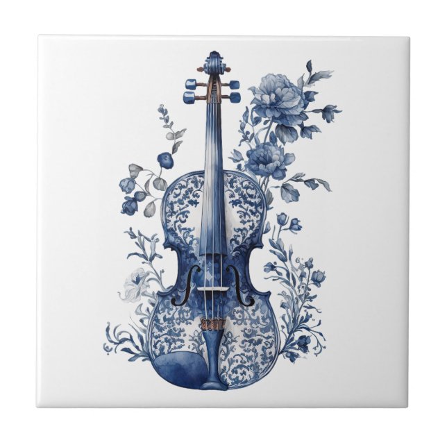 Blue and white Delft style violin with flowers Tile (Front)
