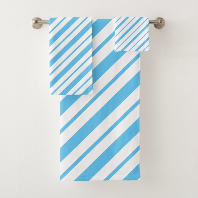 Blue And White Diagonal Striped Pattern Bath Towel Set (Insitu)