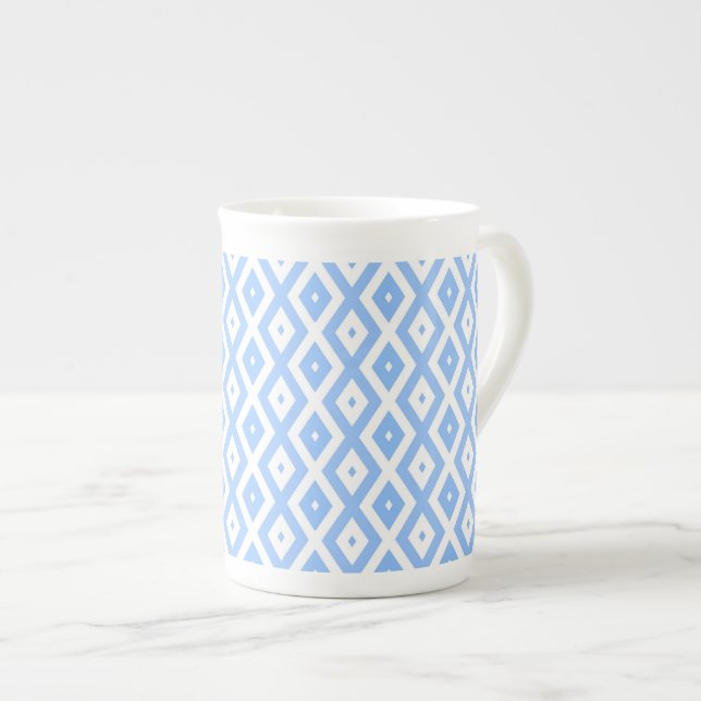 Blue and white diamond pattern bone china mug (Front Right)