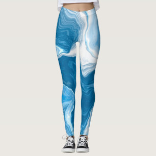 Blue and White Digital Fluid Art Marble Leggings