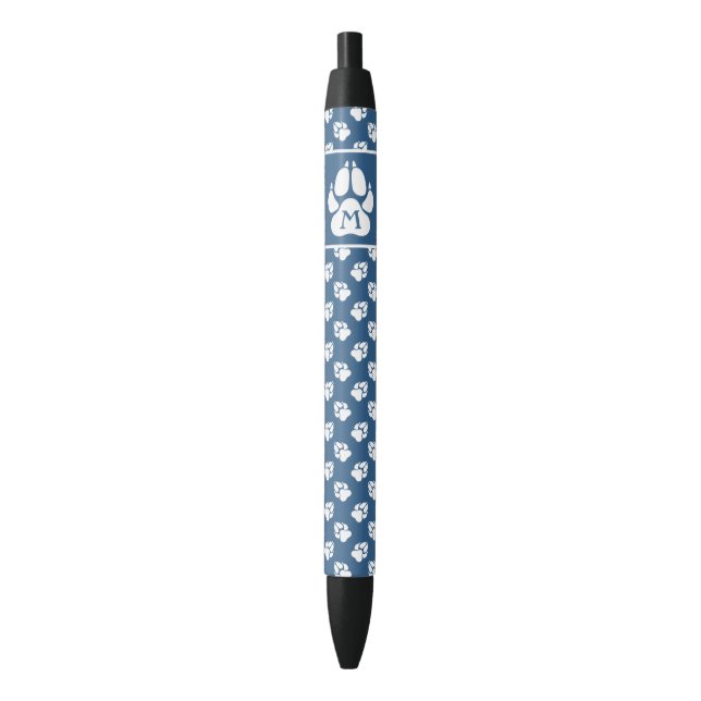 Blue And White Dog Paws & Personalizable Monogram Black Ink Pen (Front Vertical)