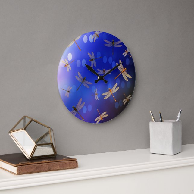 Blue And White Dragon Fly Pattern, Large Clock (Office)