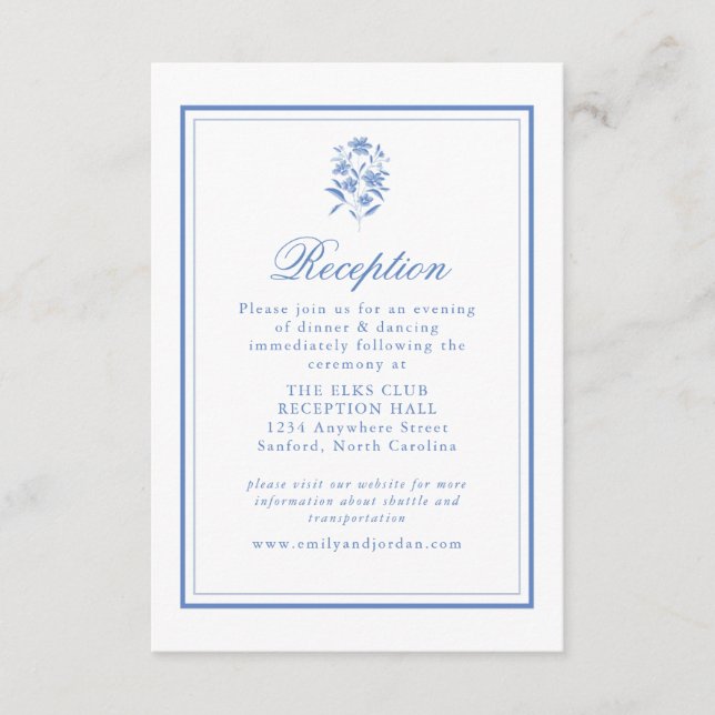 Blue and White Elegant Reception Enclosure Card (Front)