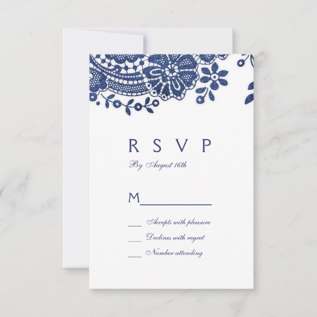 Blue and white elegant vintage lace wedding RSVP (Front)