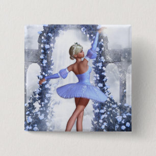 Blue and white fantasy ballerina with rose flowers 15 cm square badge