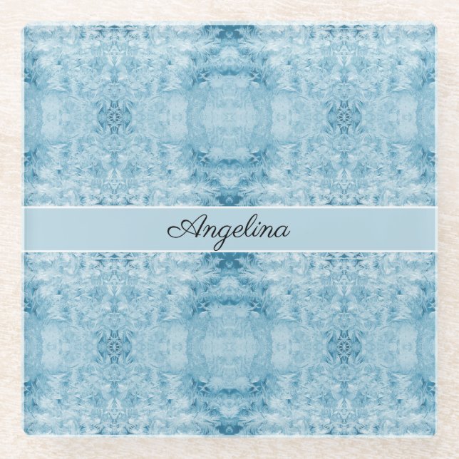 Blue and white feather pattern glass coaster (Front)