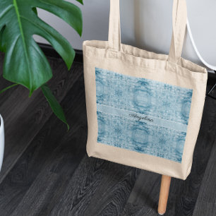 Blue and white feather pattern tote bag