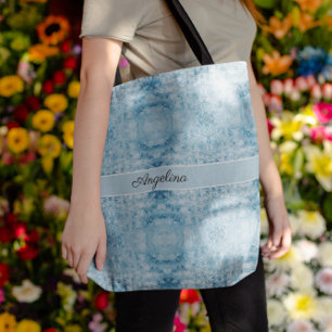 Blue and white feather pattern tote bag